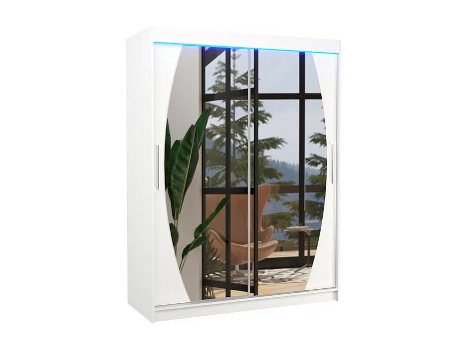 Armoire Alan (150 cm)/Portes coulissantes/Miroir et LED/Blanc