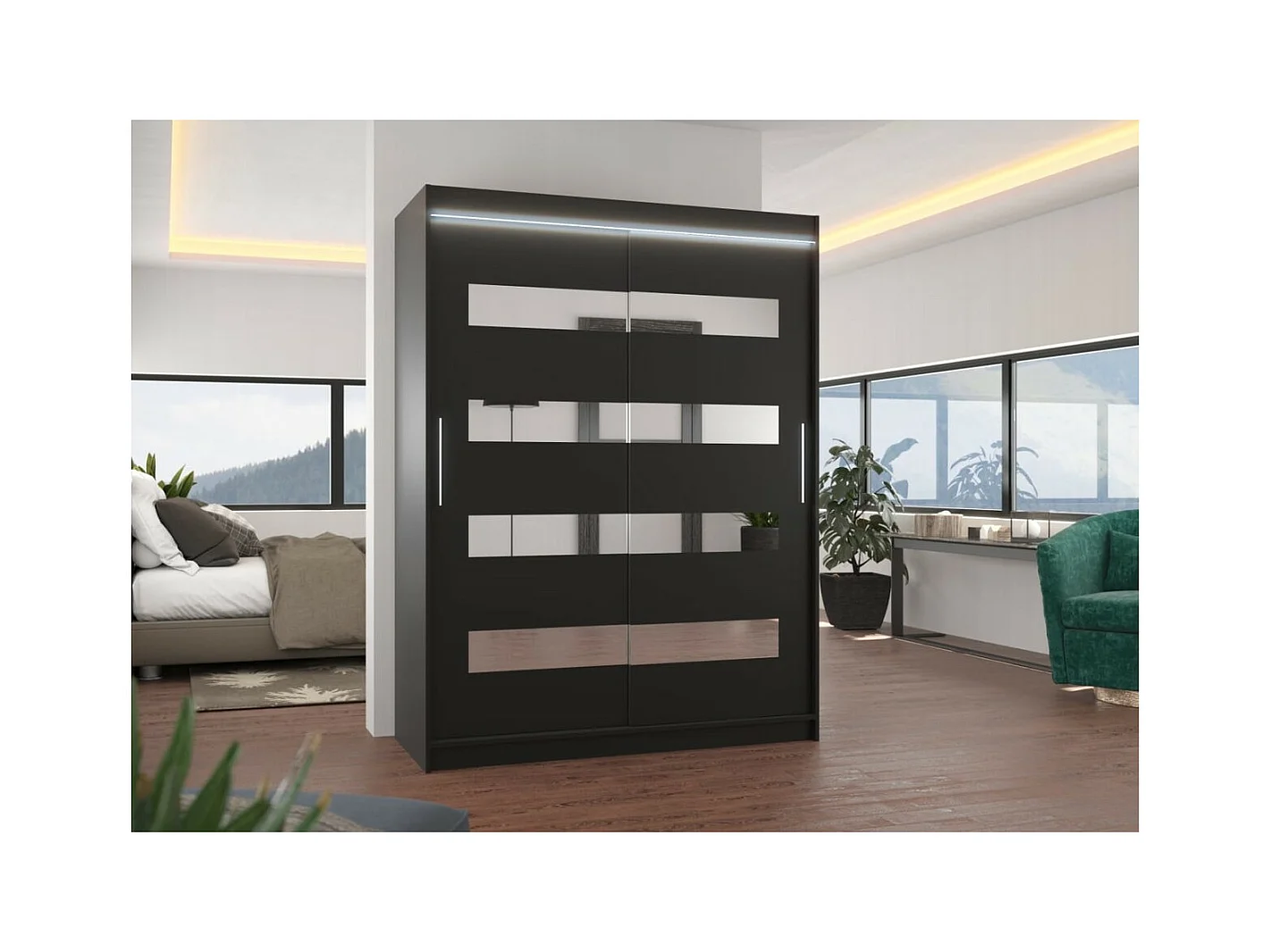 Armoire Baltex (150 cm)/Portes coulissantes/Miroir et LED/Noir