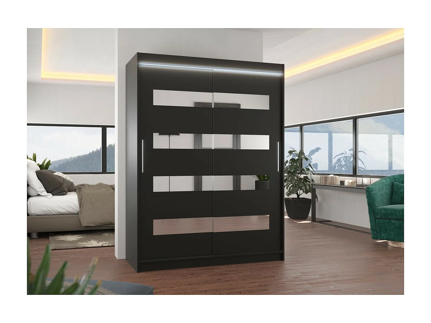Kleiderschrank Baltex (150cm)/Schiebetüren/Spiegel&LED/Schwarz
