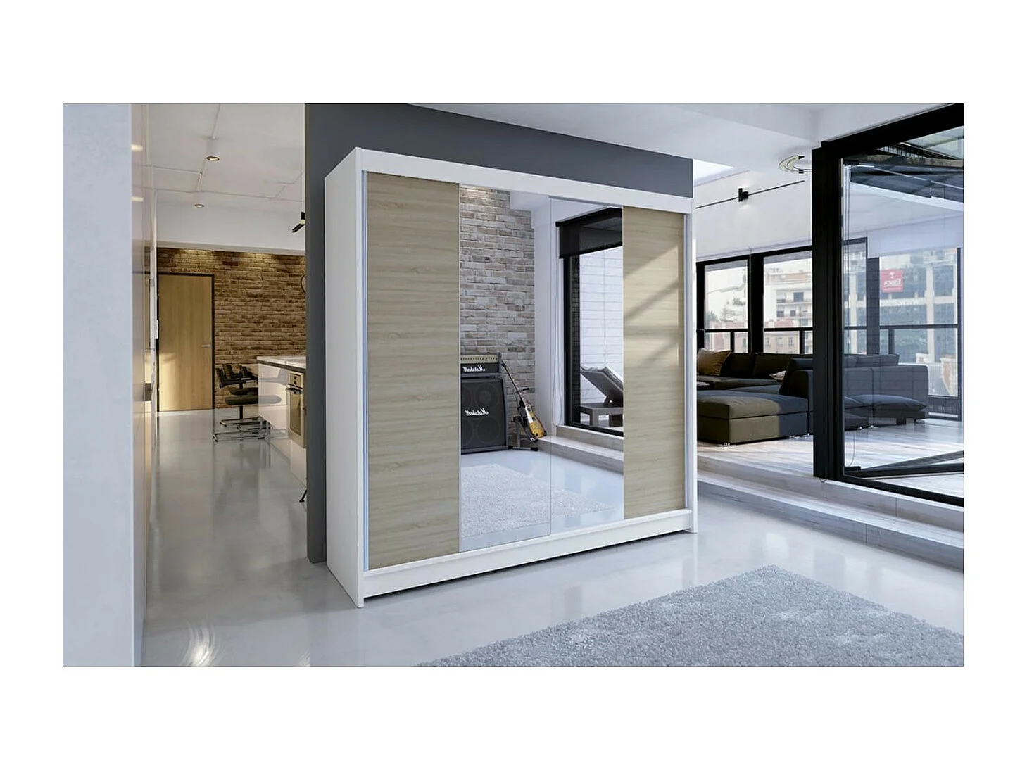Armoire Blanca (180 cm)/Portes coulissantes Miroir/Blanc Sonoma