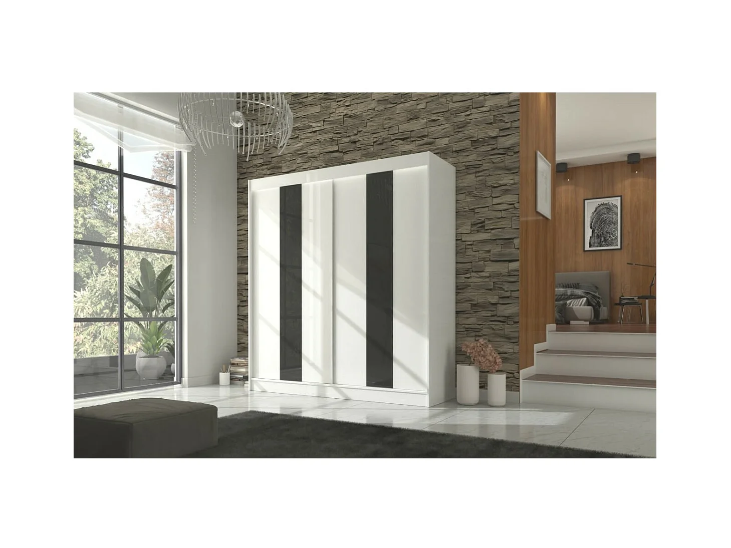 Armoire Karin (200cm)/Portes coulissantes/Blanc Noir