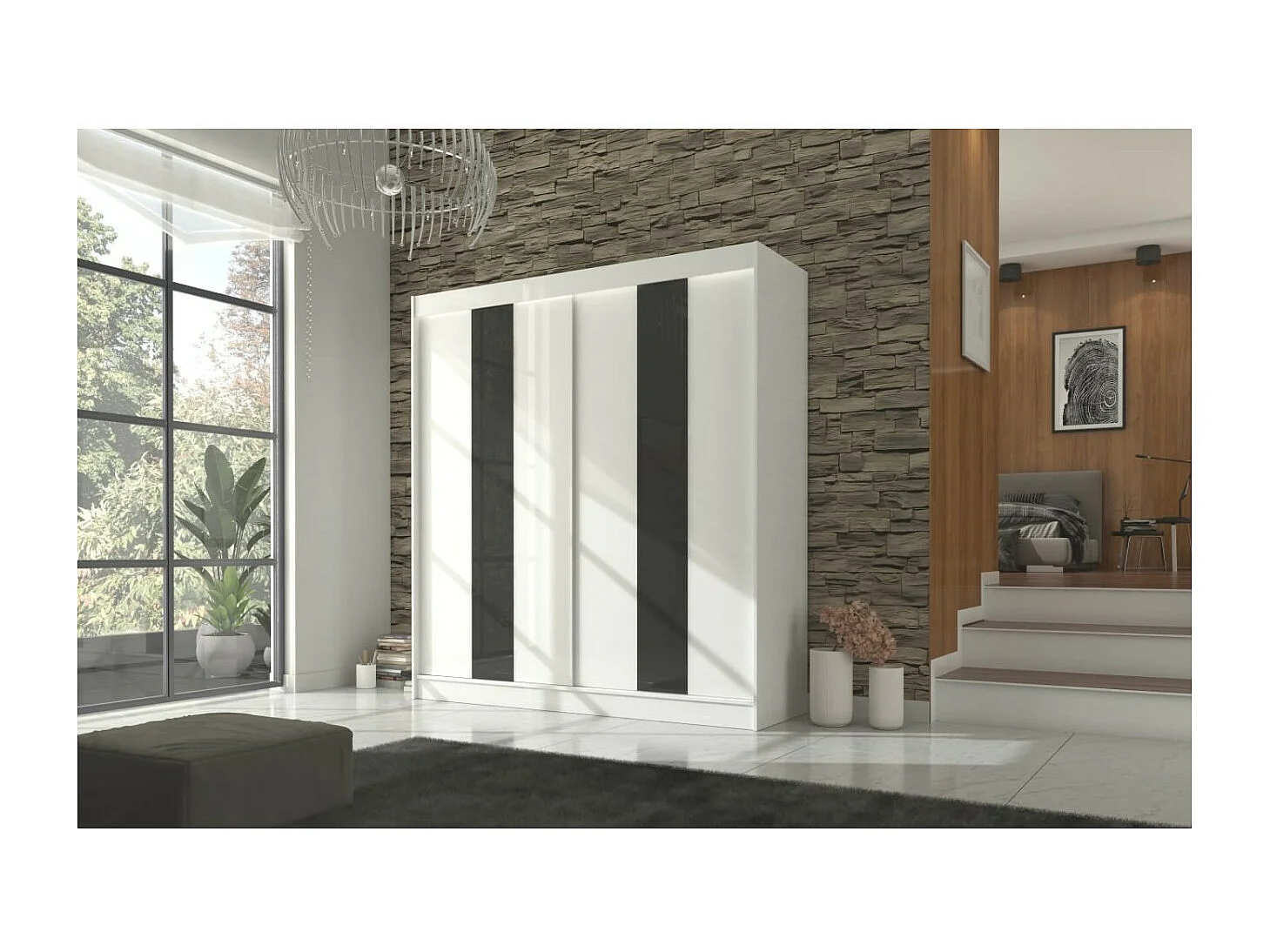 Kleiderschrank Karin (200cm)/Schiebetüren/Weiss Schwarz