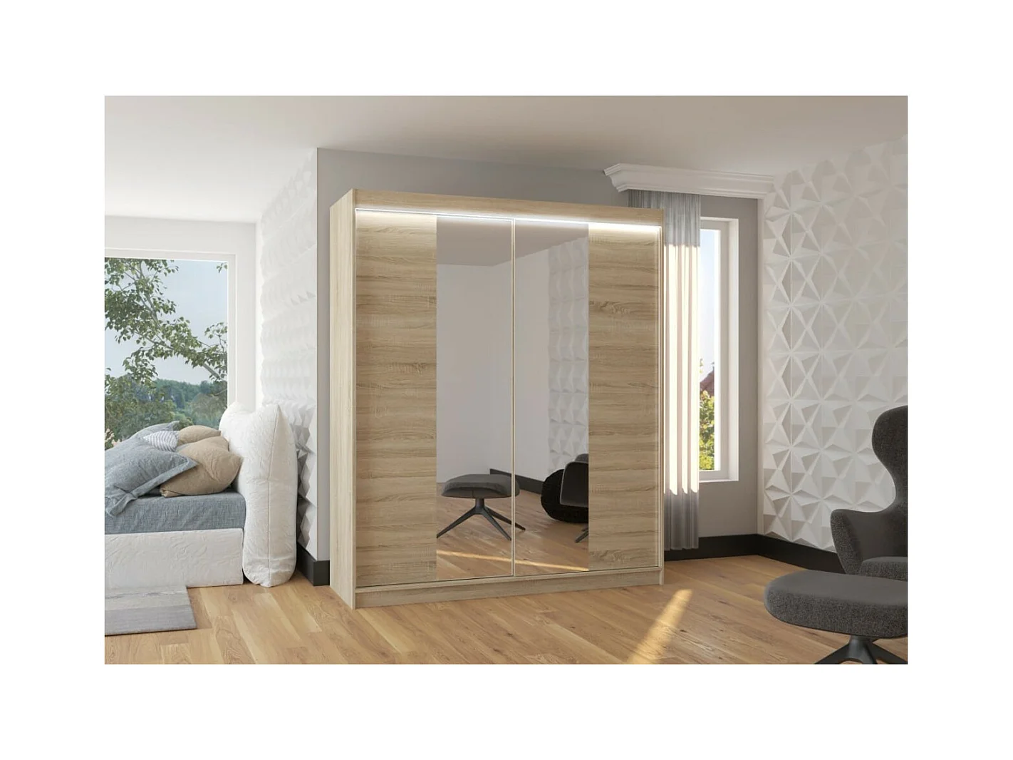 Armoire Blanca (180 cm)/Portes coulissantes/Miroir et LED/Sonoma