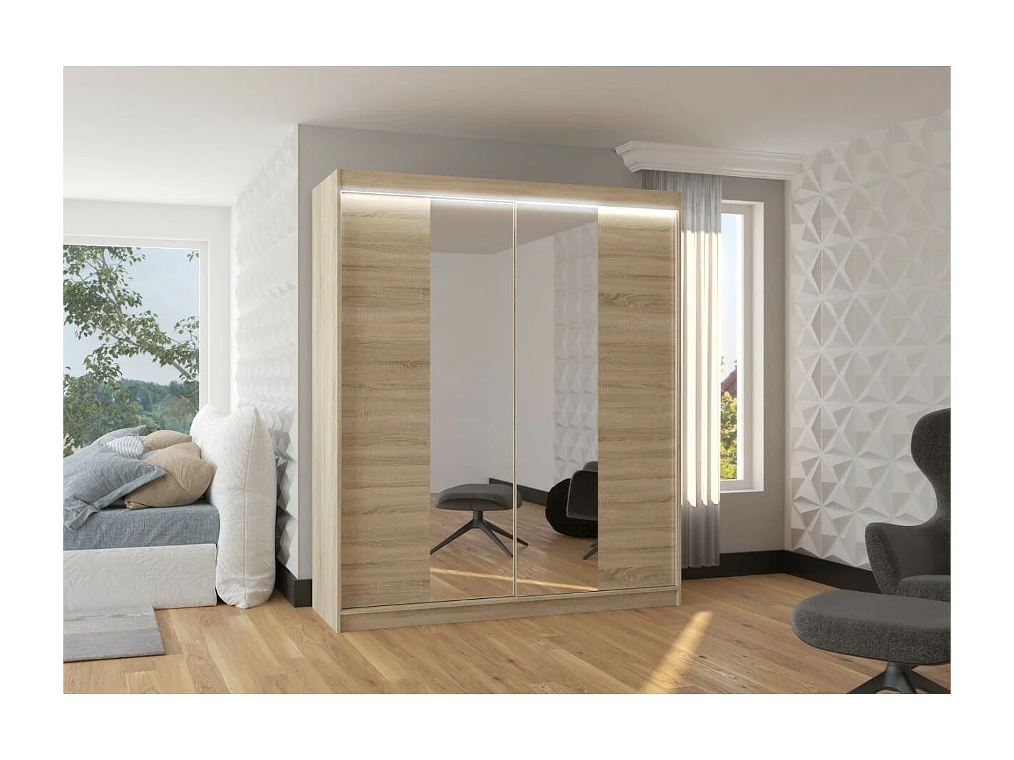 Kleiderschrank Blanca (180cm)/Schiebetüren/Spiegel&LED/Sonoma