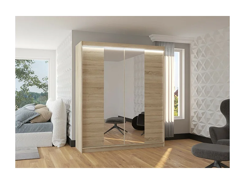 Kleiderschrank Blanca (180cm)/Schiebetüren/Spiegel&LED/Sonoma