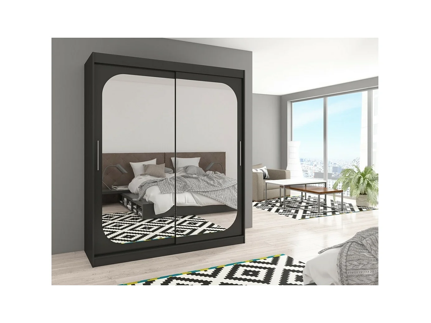 Armadio Aria (180cm)/Ante scorrevoli/Specchio/Nero