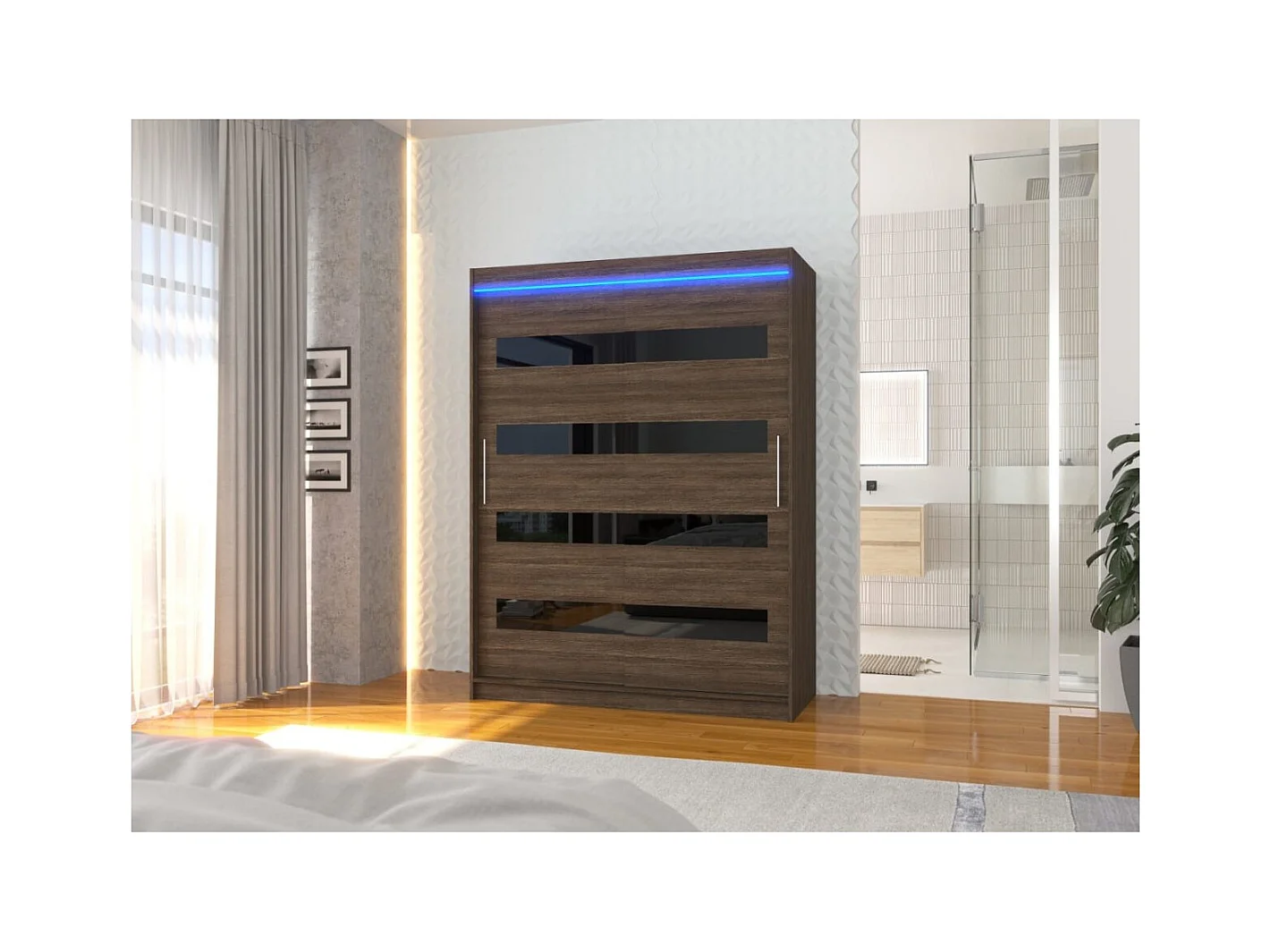 Armoire Martino (150 cm)/Portes coulissantes et LED/Marron Noir