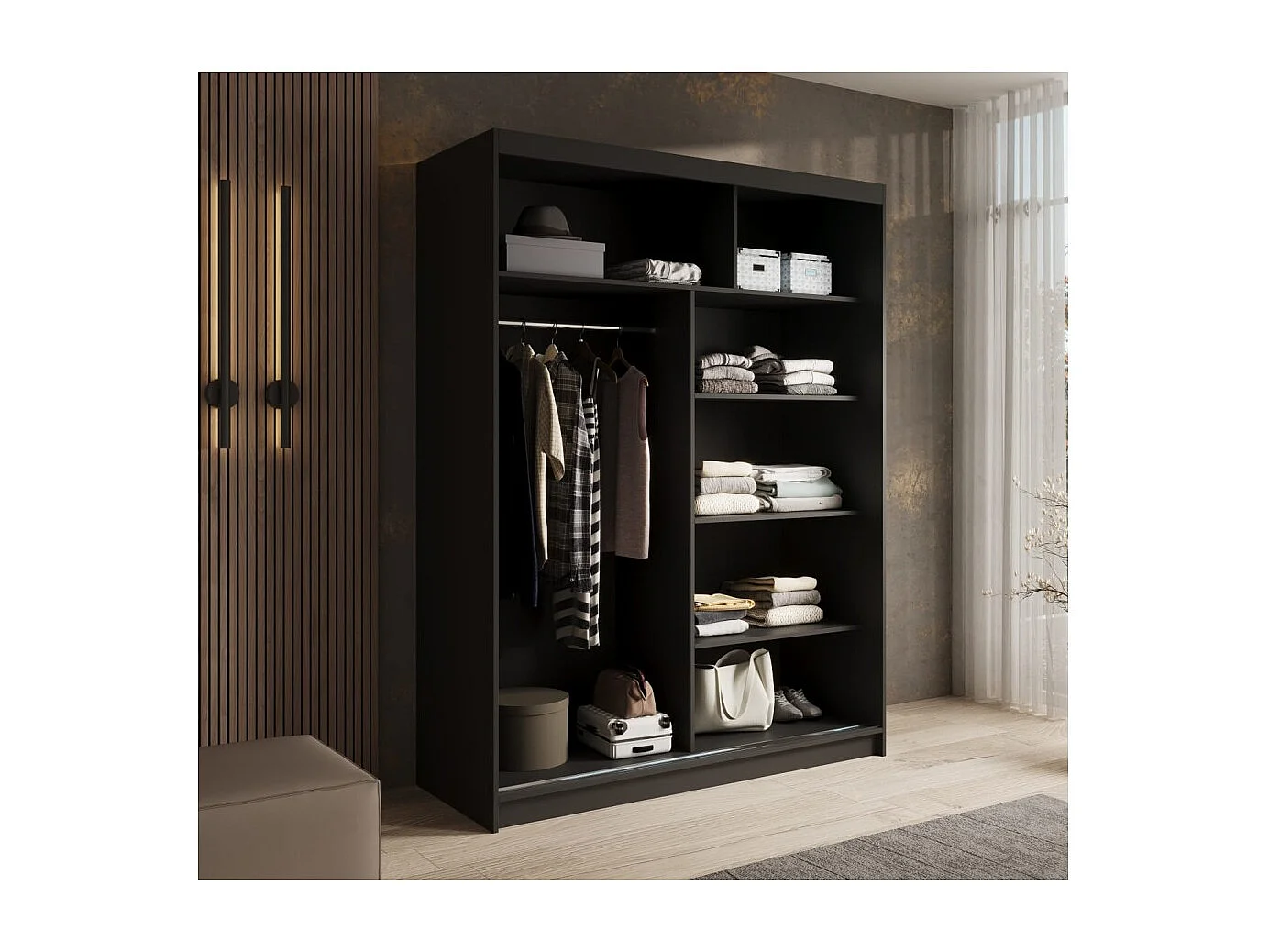 Armoire Martino (150 cm)/Portes coulissantes et LED/Marron Noir