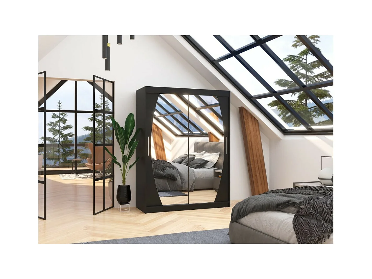 Armoire Alan (150 cm)/Portes coulissantes et miroir/Noir
