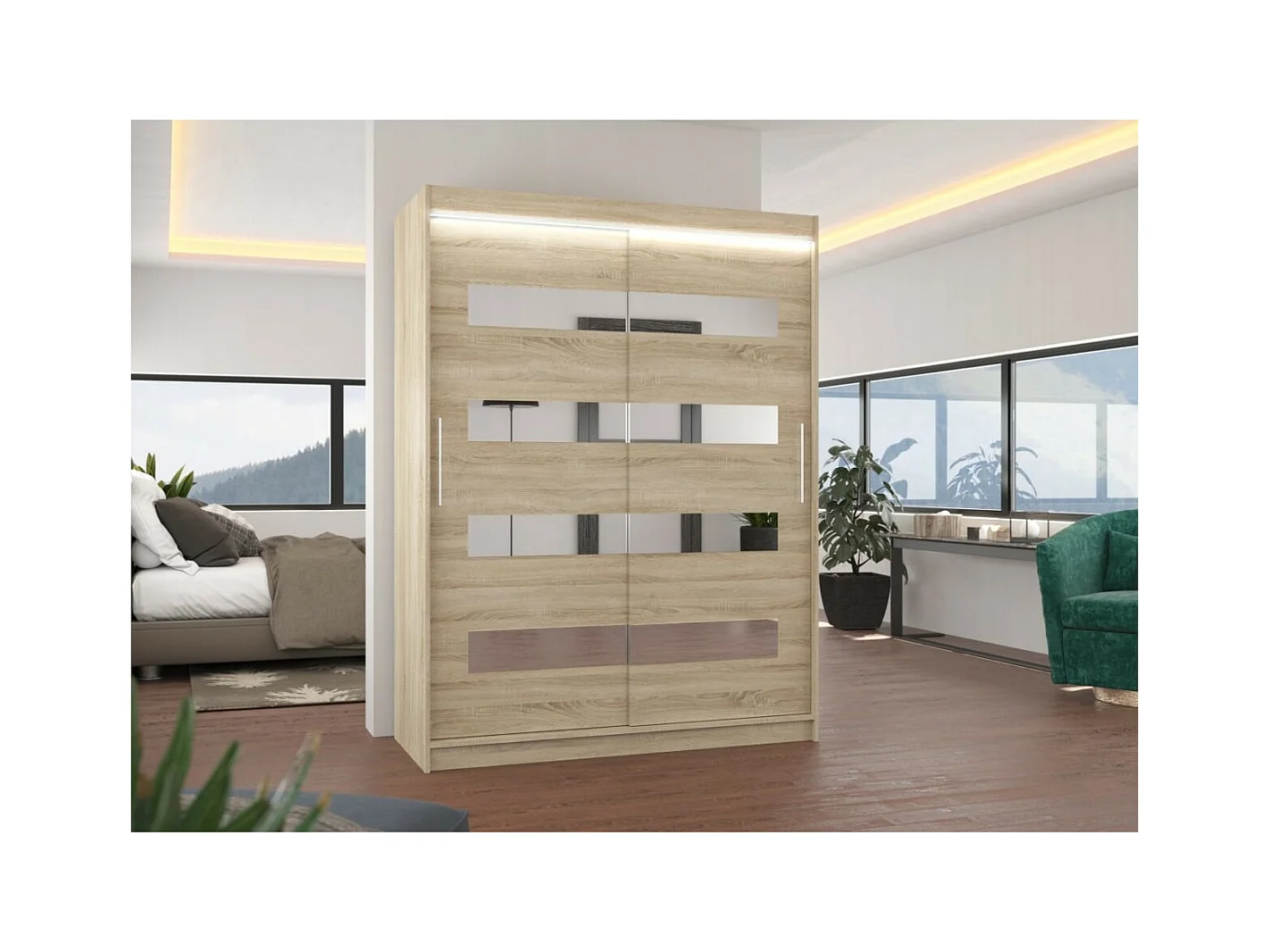 Armoire Baltex (150 cm)/Portes coulissantes/Miroir et LED/Sonoma