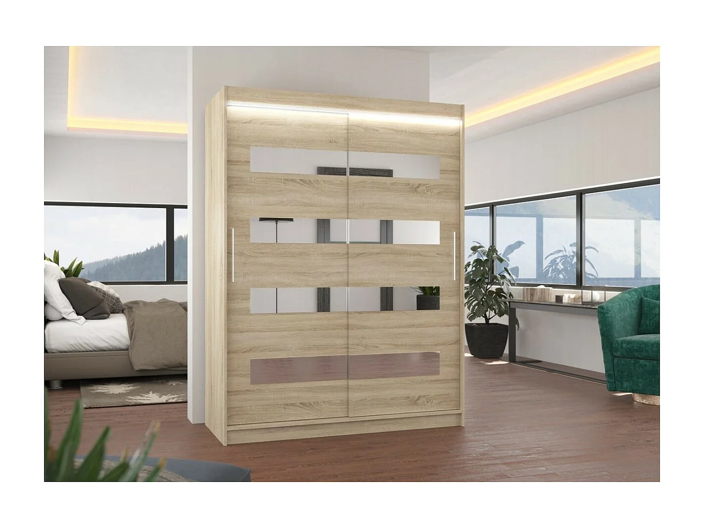 Kleiderschrank Baltex (150cm)/Schiebetüren/Spiegel&LED/Sonoma