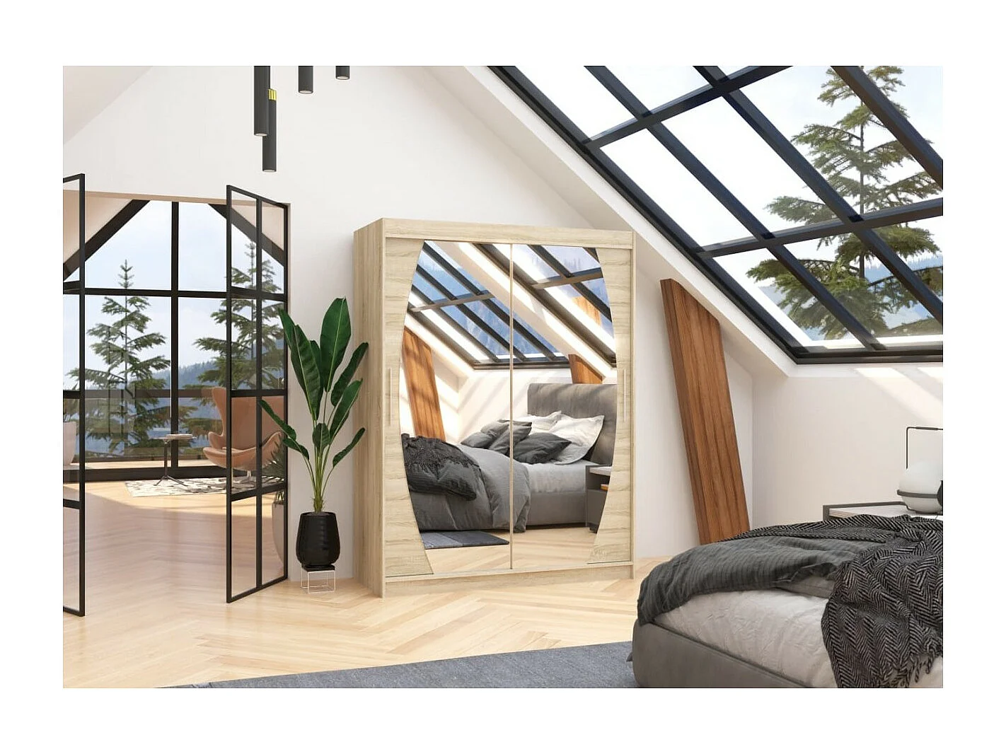 Armoire Alan (150 cm)/Portes coulissantes et miroir/Sonoma