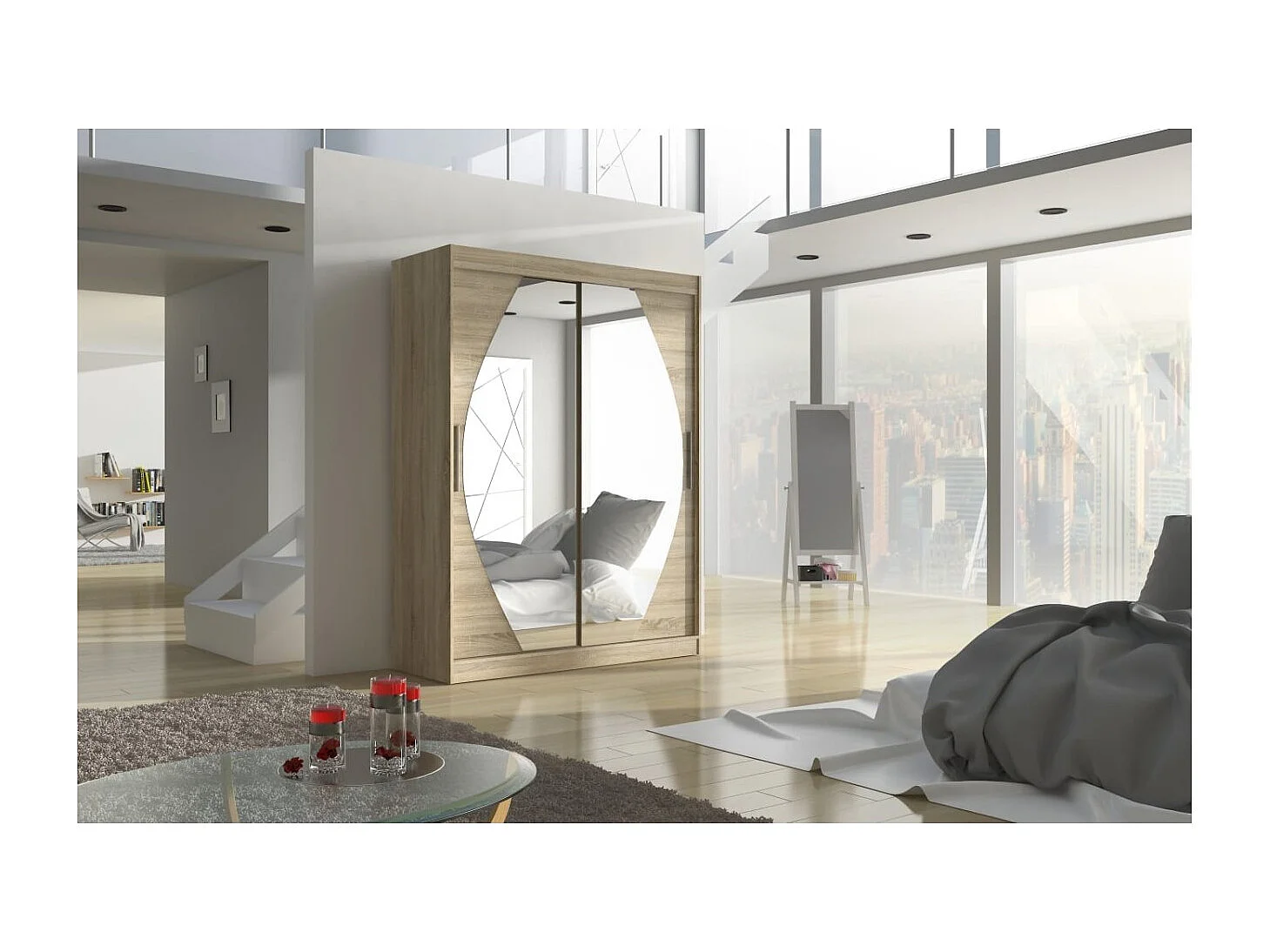 Armoire Alan (150 cm)/Portes coulissantes et miroir/Sonoma