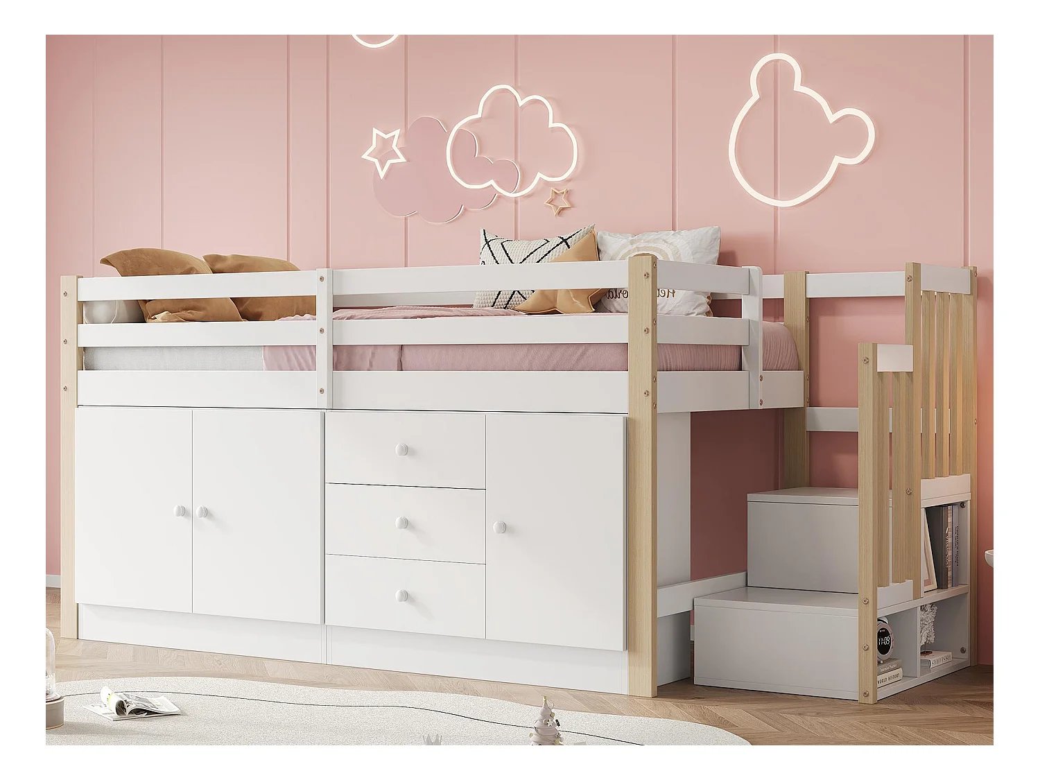 Kinderhoogslaper 90x200 cm - met kasten en lades - Wit + Natuur