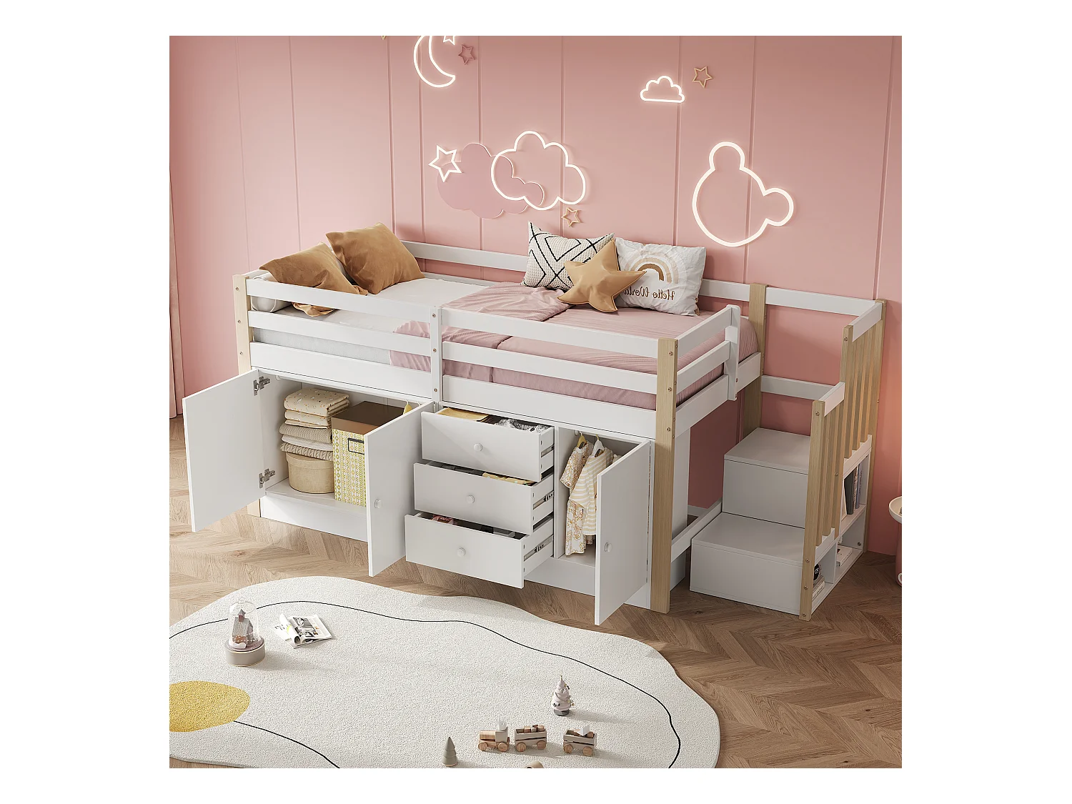 Kinderhoogslaper 90x200 cm - met kasten en lades - Wit + Natuur