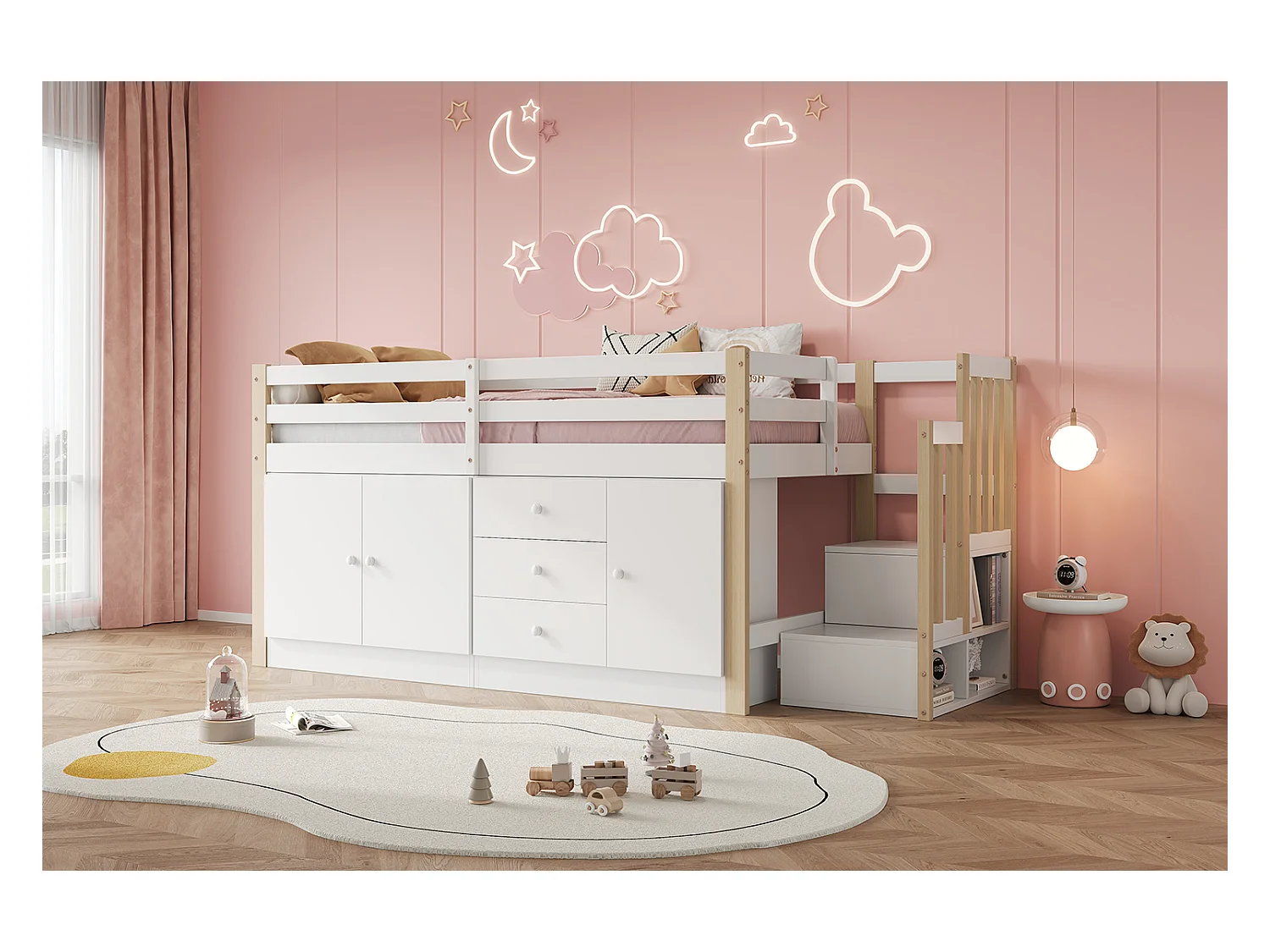 Kinderhoogslaper 90x200 cm - met kasten en lades - Wit + Natuur