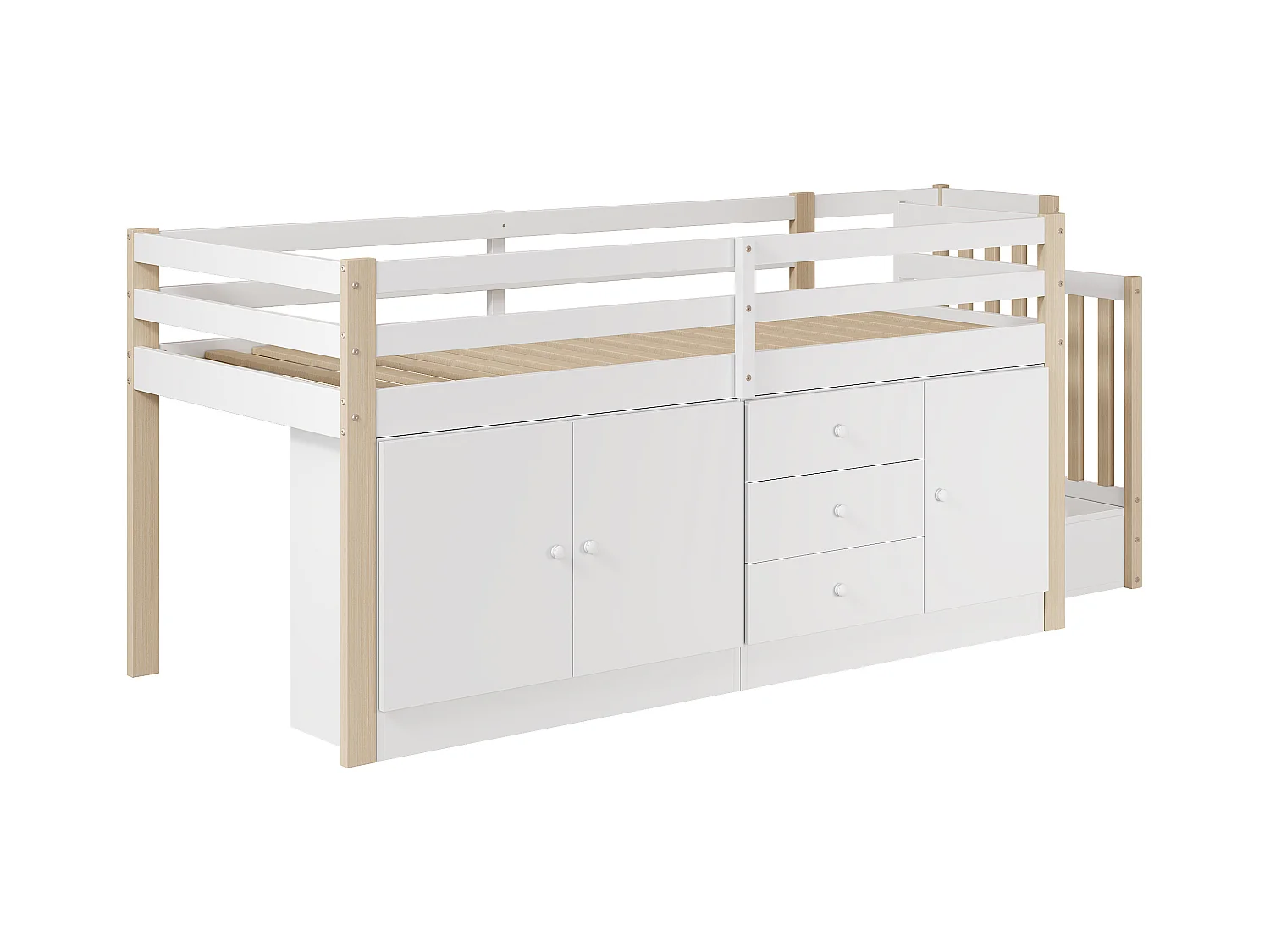 Kinderhoogslaper 90x200 cm - met kasten en lades - Wit + Natuur