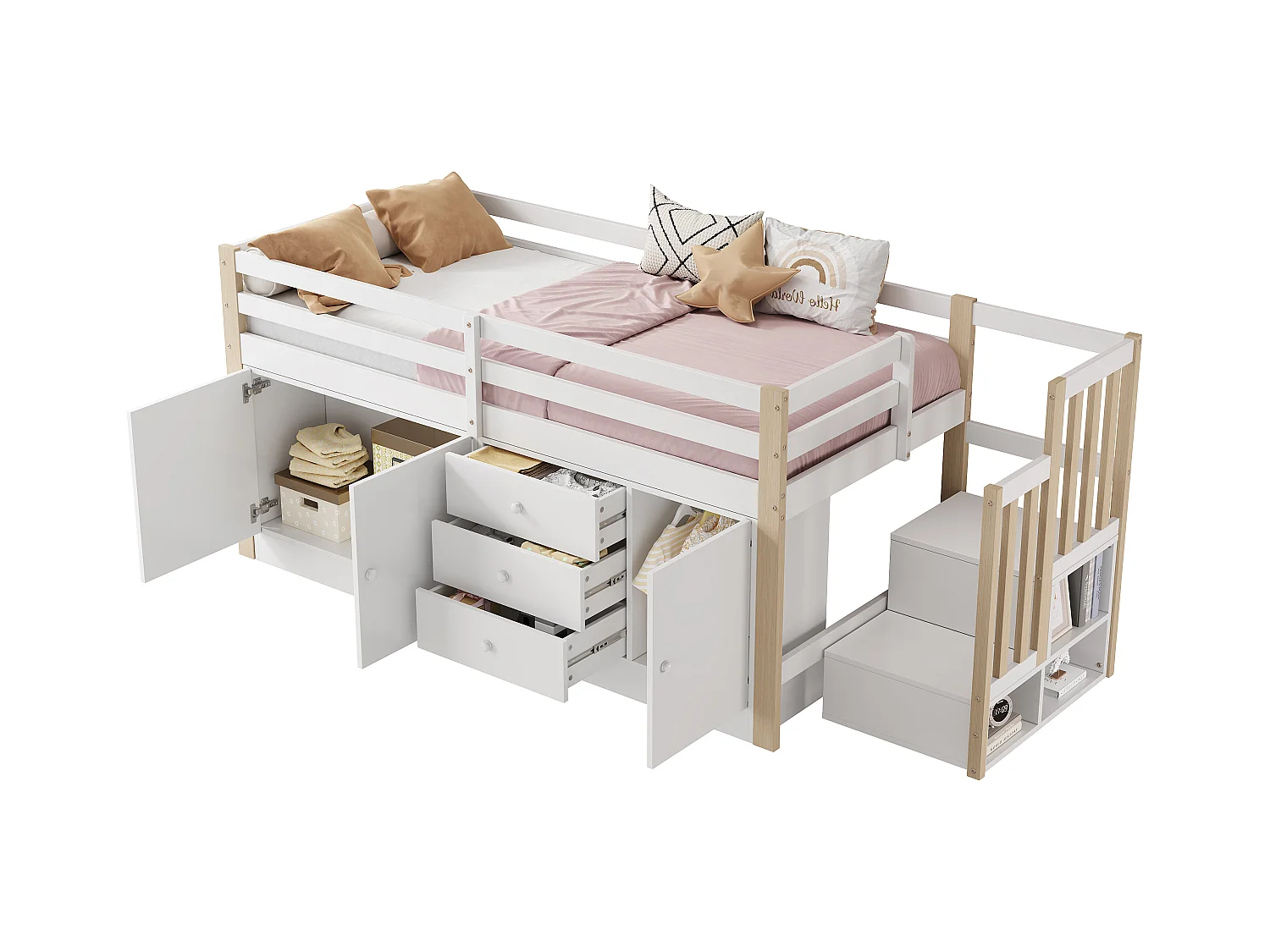 Kinderhoogslaper 90x200 cm - met kasten en lades - Wit + Natuur