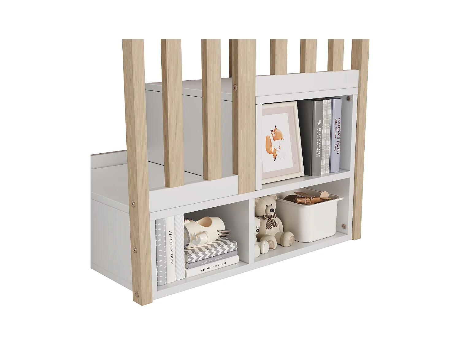 Kinderhoogslaper 90x200 cm - met kasten en lades - Wit + Natuur