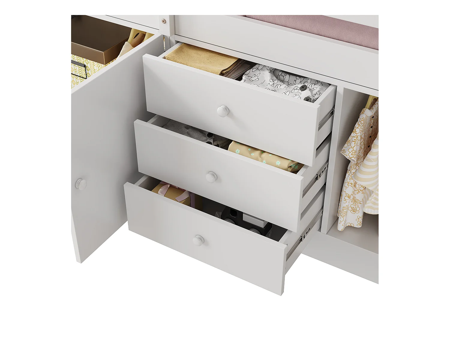 Kinderhoogslaper 90x200 cm - met kasten en lades - Wit + Natuur