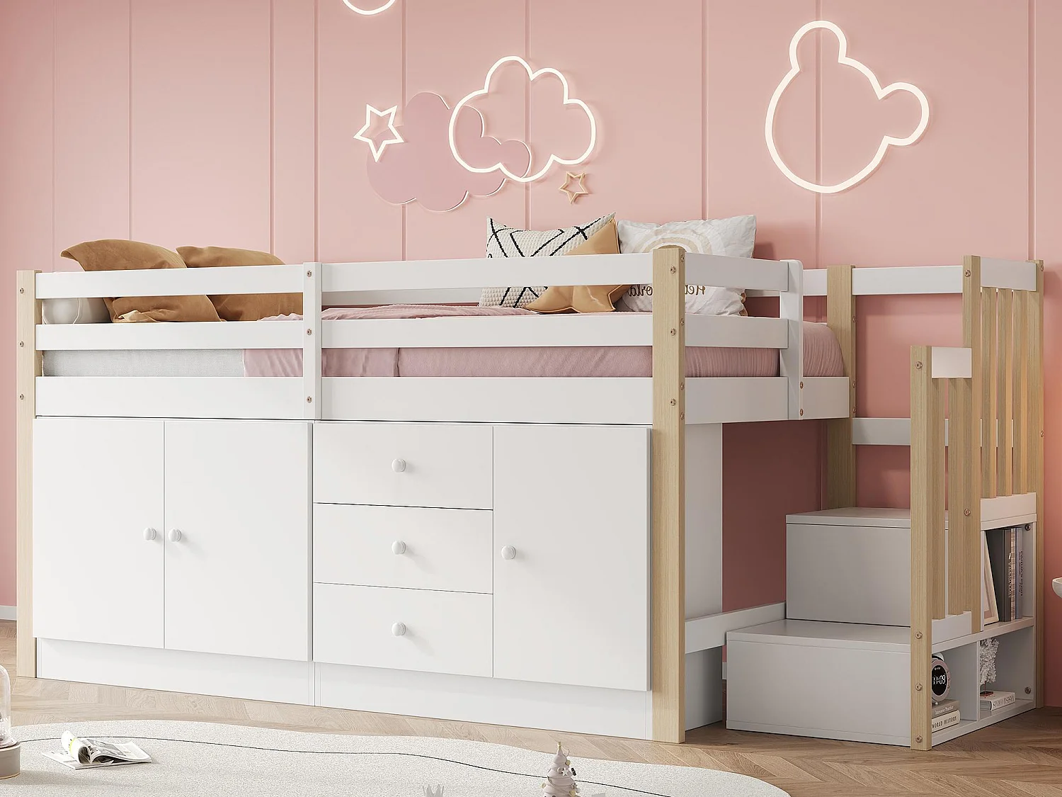 Lit mezzanine pour enfant 90x200 cm - avec armoires et tiroirs - Blanc + Naturel