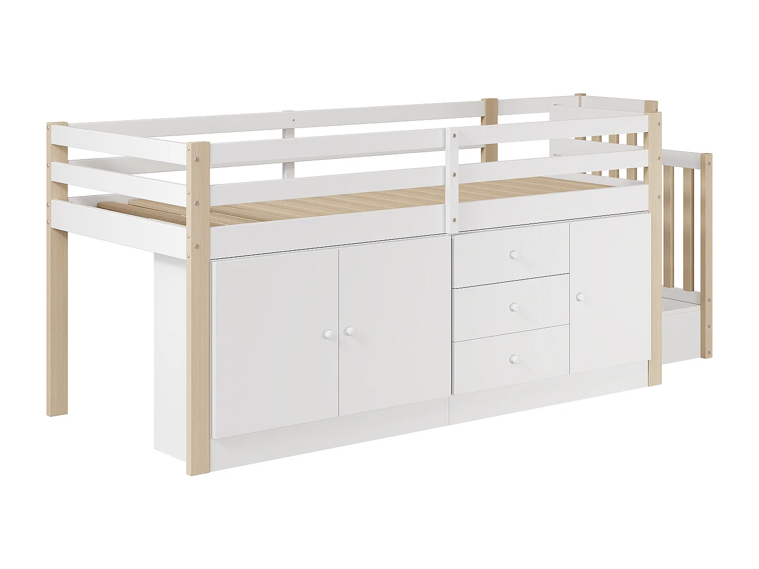 Lit mezzanine pour enfant 90x200 cm - avec armoires et tiroirs - Blanc + Naturel