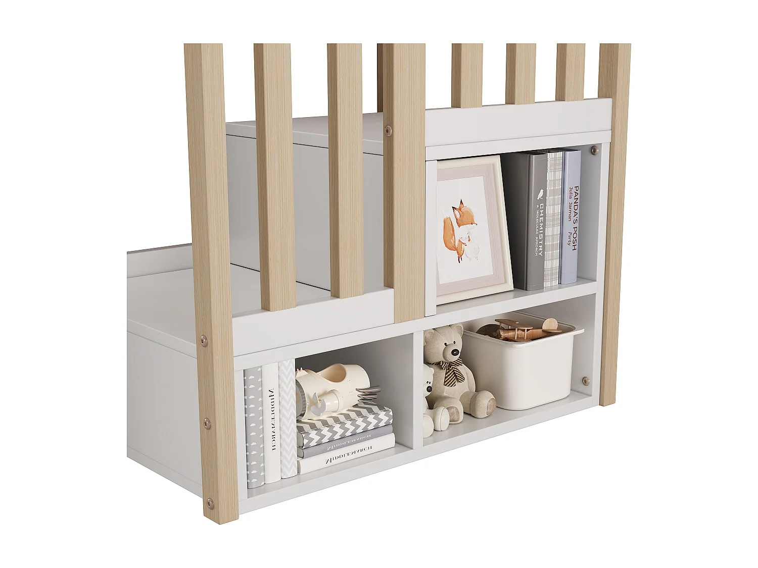 Lit mezzanine pour enfant 90x200 cm - avec armoires et tiroirs - Blanc + Naturel