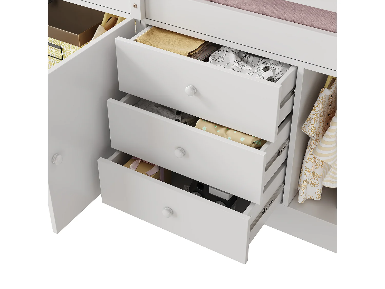 Lit mezzanine pour enfant 90x200 cm - avec armoires et tiroirs - Blanc + Naturel