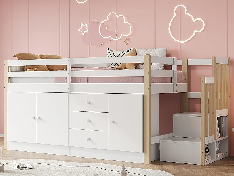 Kinderhoogslaper 90x200 cm - met kasten en lades - Wit + Natuur