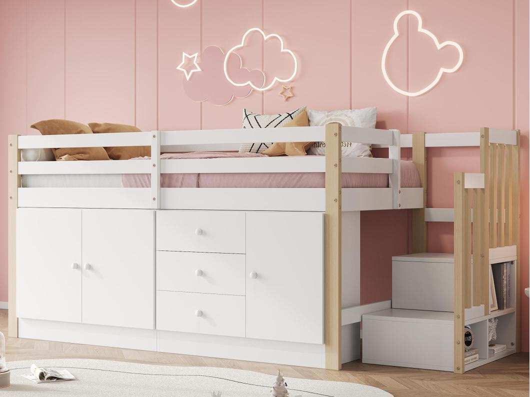 Litera elevada infantil 90x200 cm - con armarios y cajones - Blanco + Natural