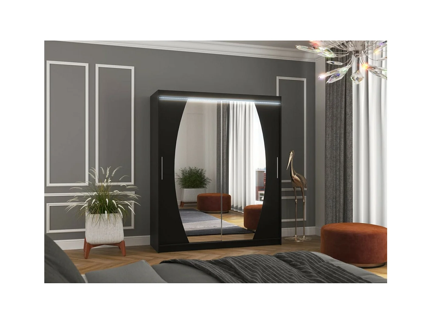 Armoire Windsor (180 cm)/Portes coulissantes/Miroir et LED/Noir
