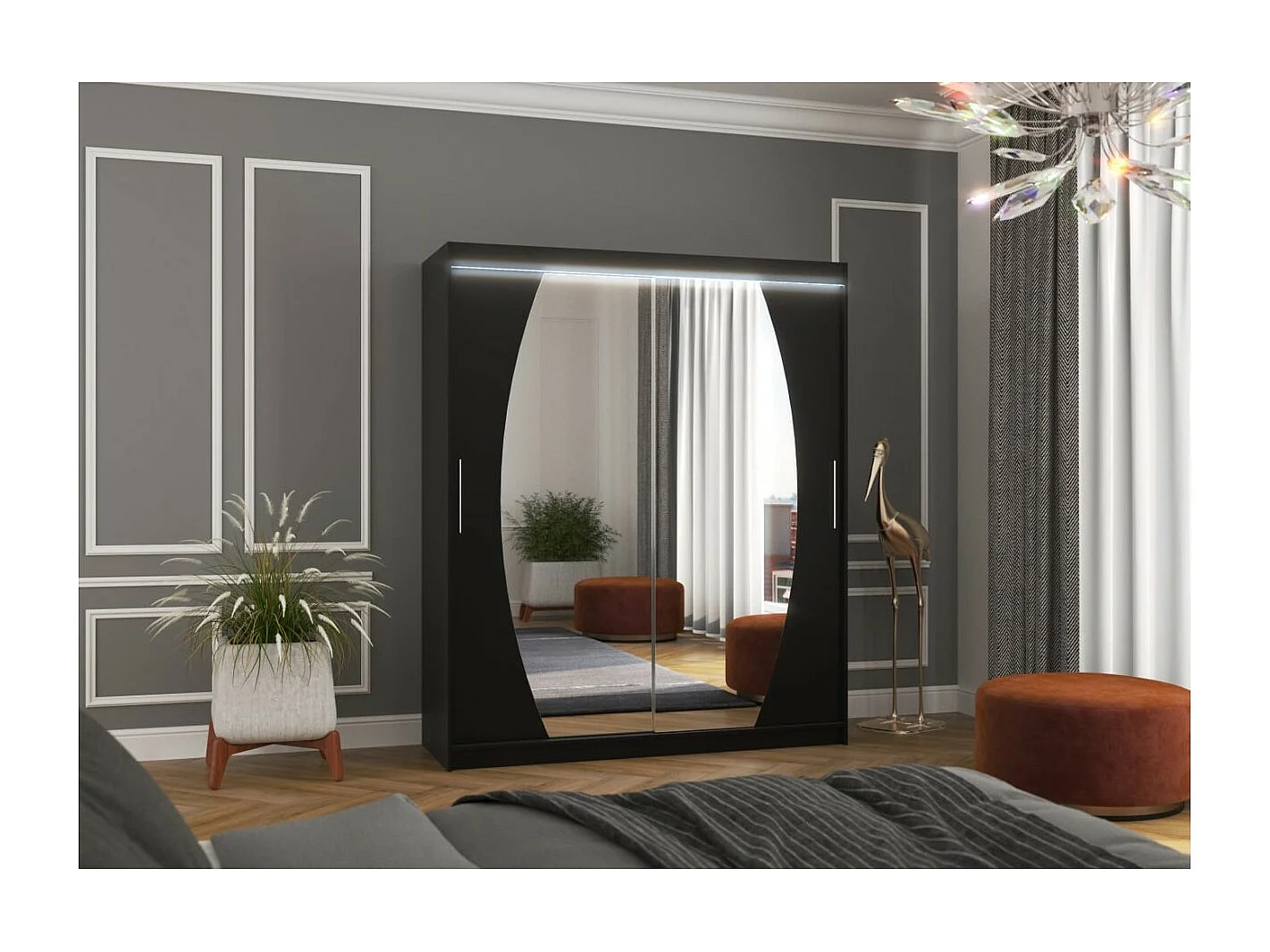 Kleiderschrank Windsor (180cm)/Schiebetüren/Spiegel&LED/Schwarz