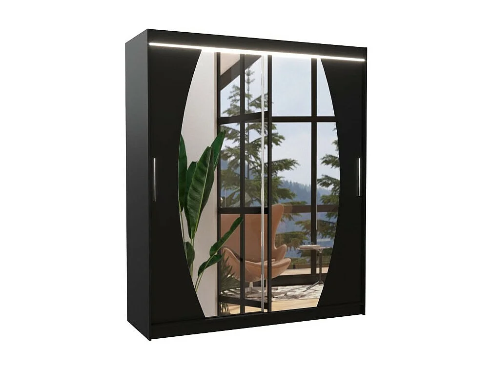 Kleiderschrank Windsor (180cm)/Schiebetüren/Spiegel&LED/Schwarz