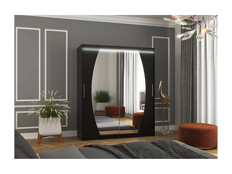 Kleiderschrank Windsor (180cm)/Schiebetüren/Spiegel&LED/Schwarz