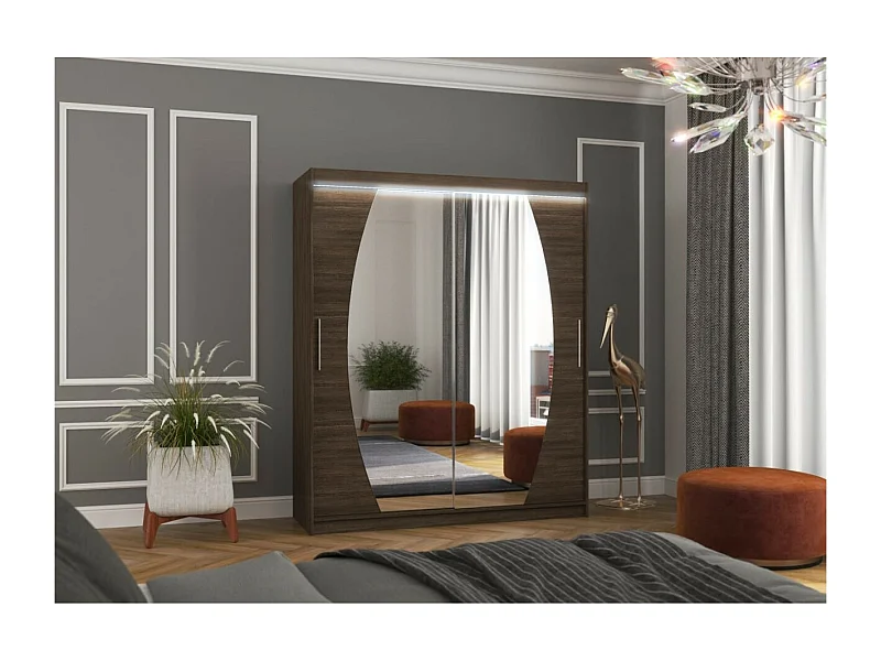 Armoire Windsor (180 cm)/Portes coulissantes/Miroir et LED/Marron
