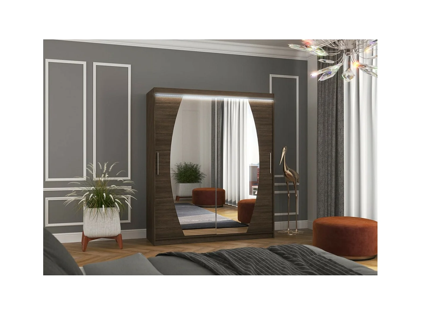 Armoire Windsor (180 cm)/Portes coulissantes/Miroir et LED/Marron
