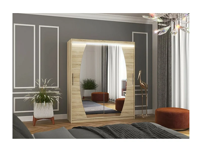 Armadio Windsor (180 cm)/Ante scorrevoli/Specchio e LED/Sonoma