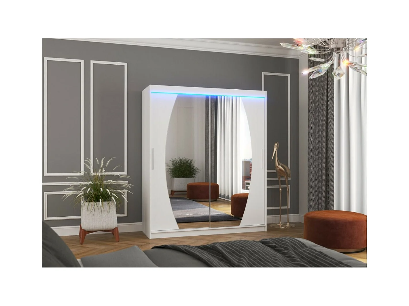 Armoire Windsor (180 cm)/Portes coulissantes/Miroir et LED/Blanc