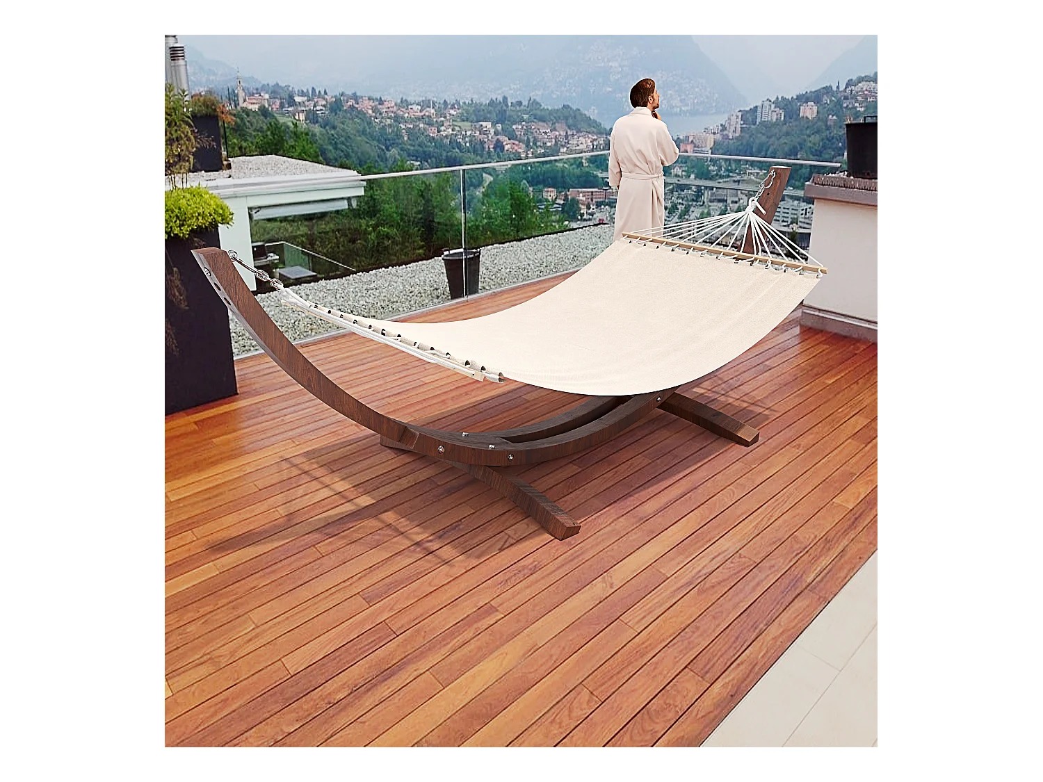 Amaca Da Giardino Con Supporto In Legno Robusto E Telo In Cotone Resistente Portata Max 150 Kg Ideale Per Esterno Terrazzo Balcone Piscina 320 x 100 x 100 Cm Beige