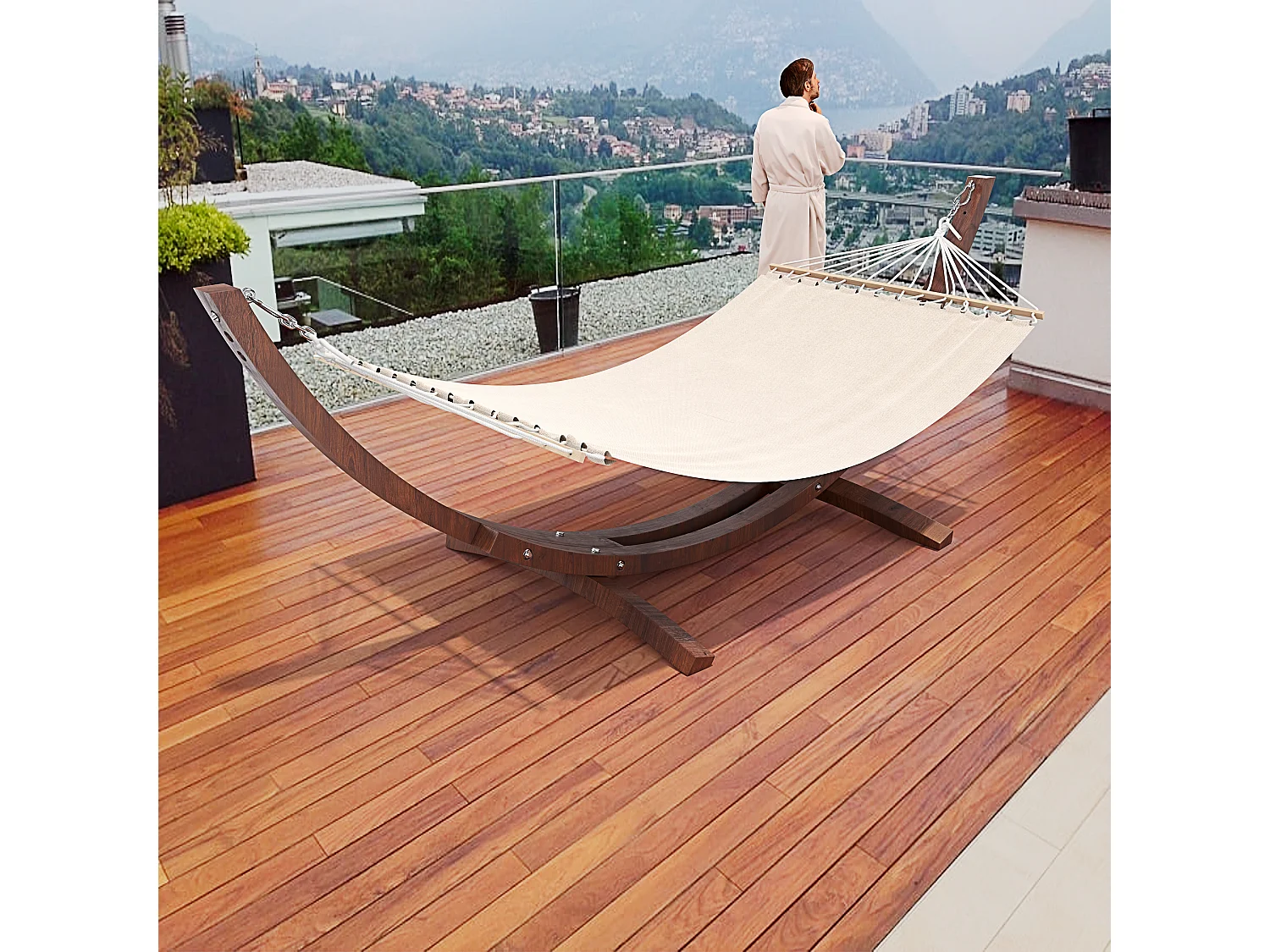 Amaca Da Giardino Con Supporto In Legno Robusto E Telo In Cotone Resistente Portata Max 150 Kg Ideale Per Esterno Terrazzo Balcone Piscina 320 x 100 x 100 Cm Beige