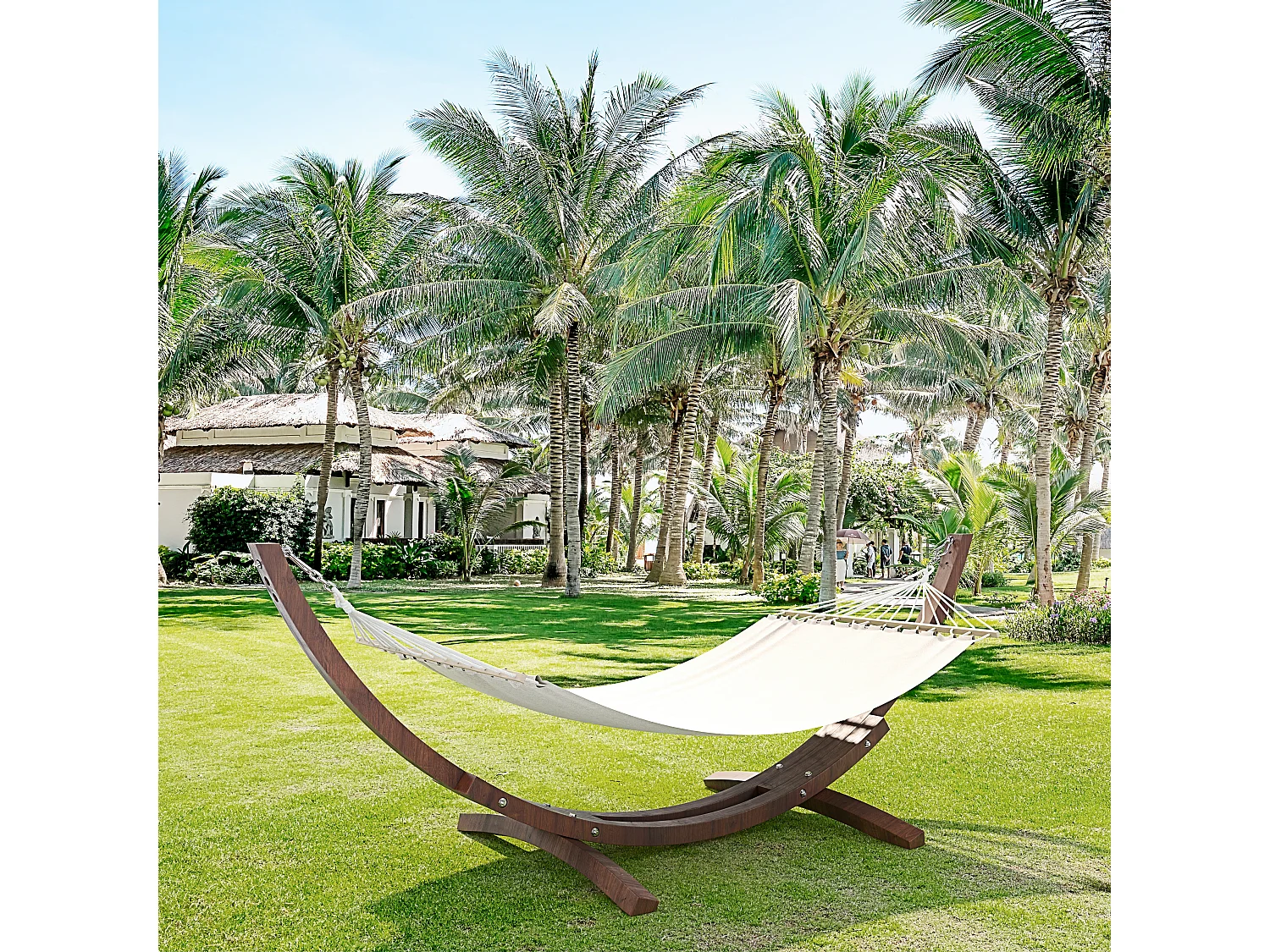 Amaca Da Giardino Con Supporto In Legno Robusto E Telo In Cotone Resistente Portata Max 150 Kg Ideale Per Esterno Terrazzo Balcone Piscina 320 x 100 x 100 Cm Beige