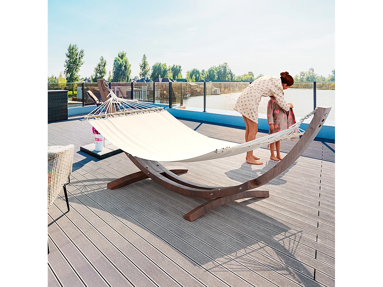 Amaca Da Giardino Con Supporto In Legno Robusto E Telo In Cotone Resistente Portata Max 150 Kg Ideale Per Esterno Terrazzo Balcone Piscina 320 x 100 x 100 Cm Beige