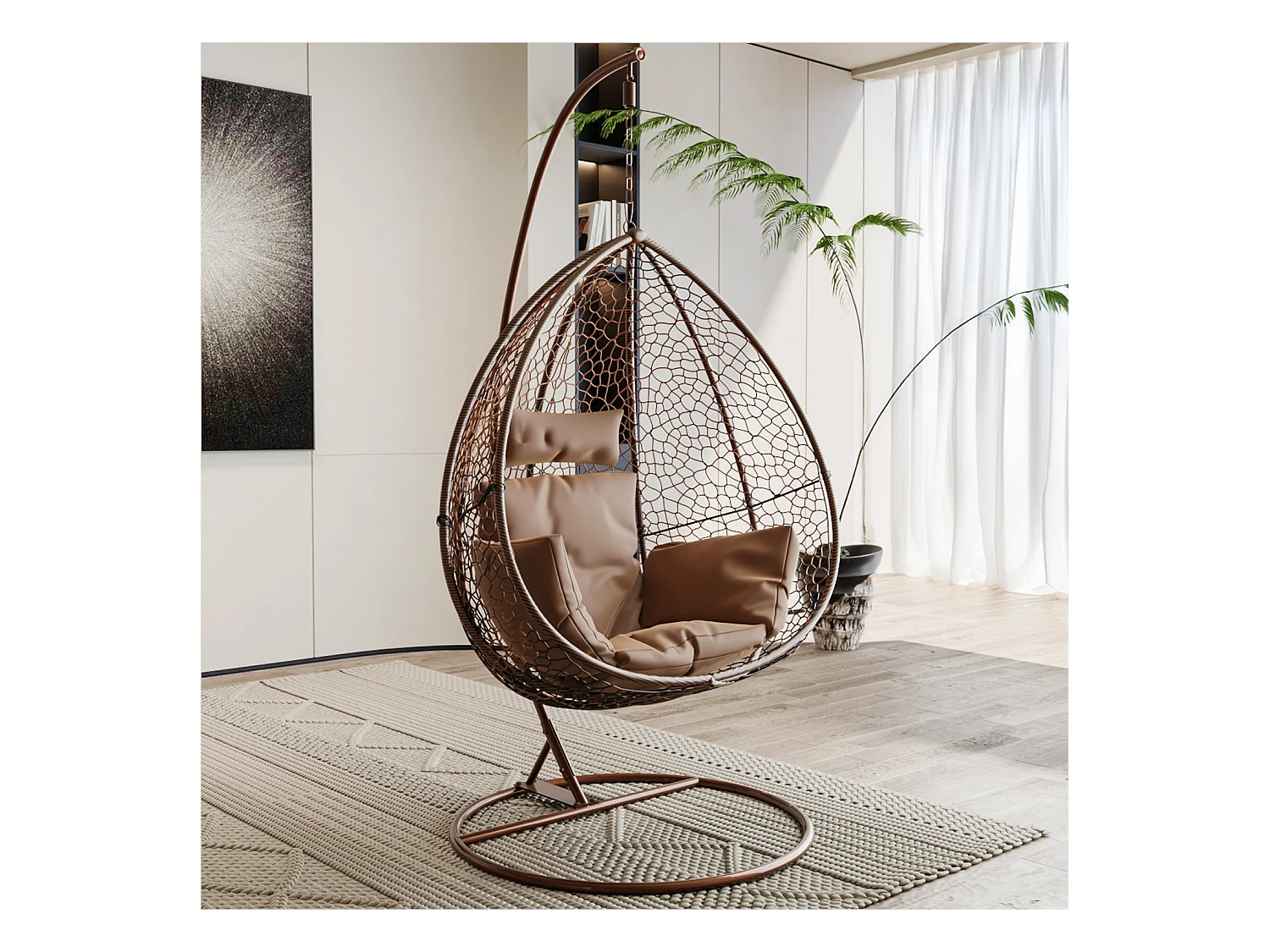 Sedia A Dondolo Poltrona Sospesa Pensile In Poly Rattan marrone Design Ovetto Per Interno Esterno Giardino Terrazzo Autoportante