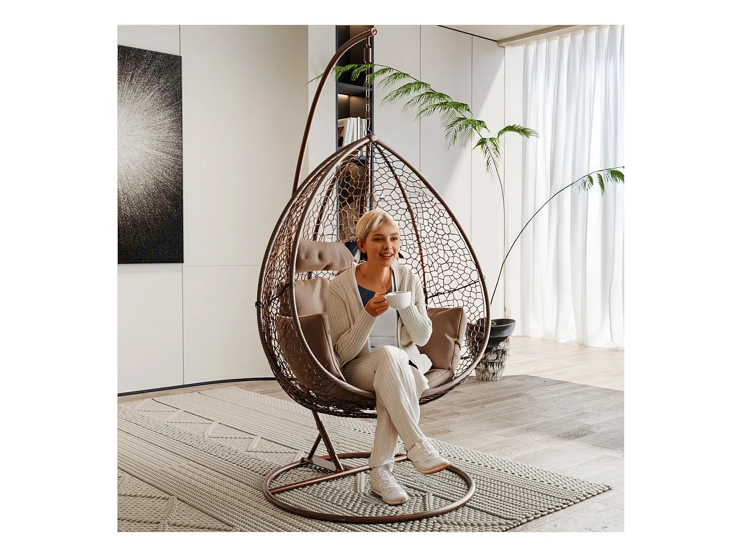 Sedia A Dondolo Poltrona Sospesa Pensile In Poly Rattan marrone Design Ovetto Per Interno Esterno Giardino Terrazzo Autoportante