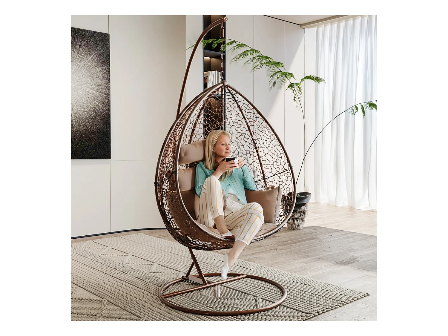 Sedia A Dondolo Poltrona Sospesa Pensile In Poly Rattan marrone Design Ovetto Per Interno Esterno Giardino Terrazzo Autoportante