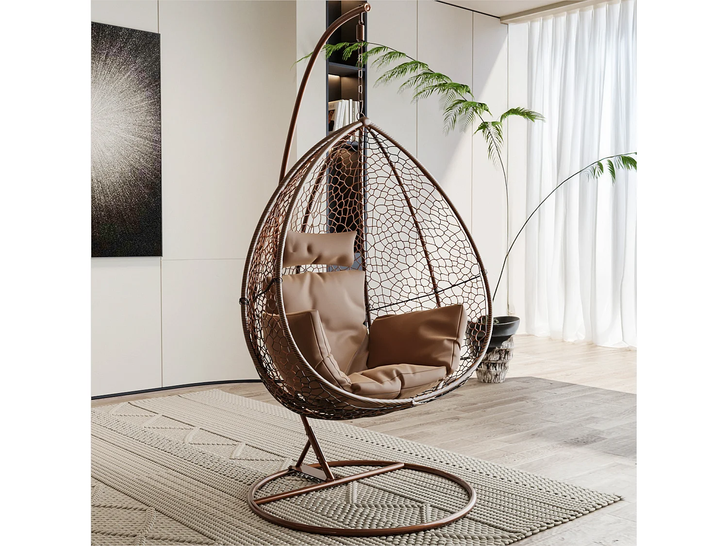 Sedia A Dondolo Poltrona Sospesa Pensile In Poly Rattan Ovetto Interno Esterno Giardino Autoportante Struttura In Acciaio Cuscini Sfoderabili Portata 130 Kg Marrone