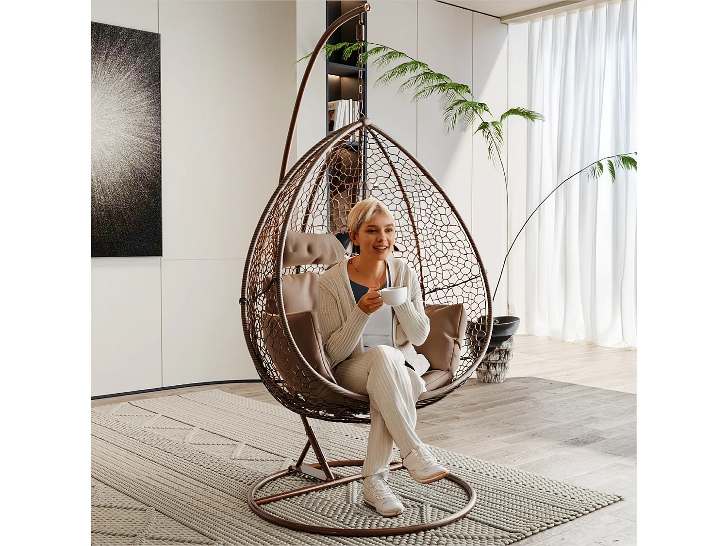 Sedia A Dondolo Poltrona Sospesa Pensile In Poly Rattan Ovetto Interno Esterno Giardino Autoportante Struttura In Acciaio Cuscini Sfoderabili Portata 130 Kg Marrone