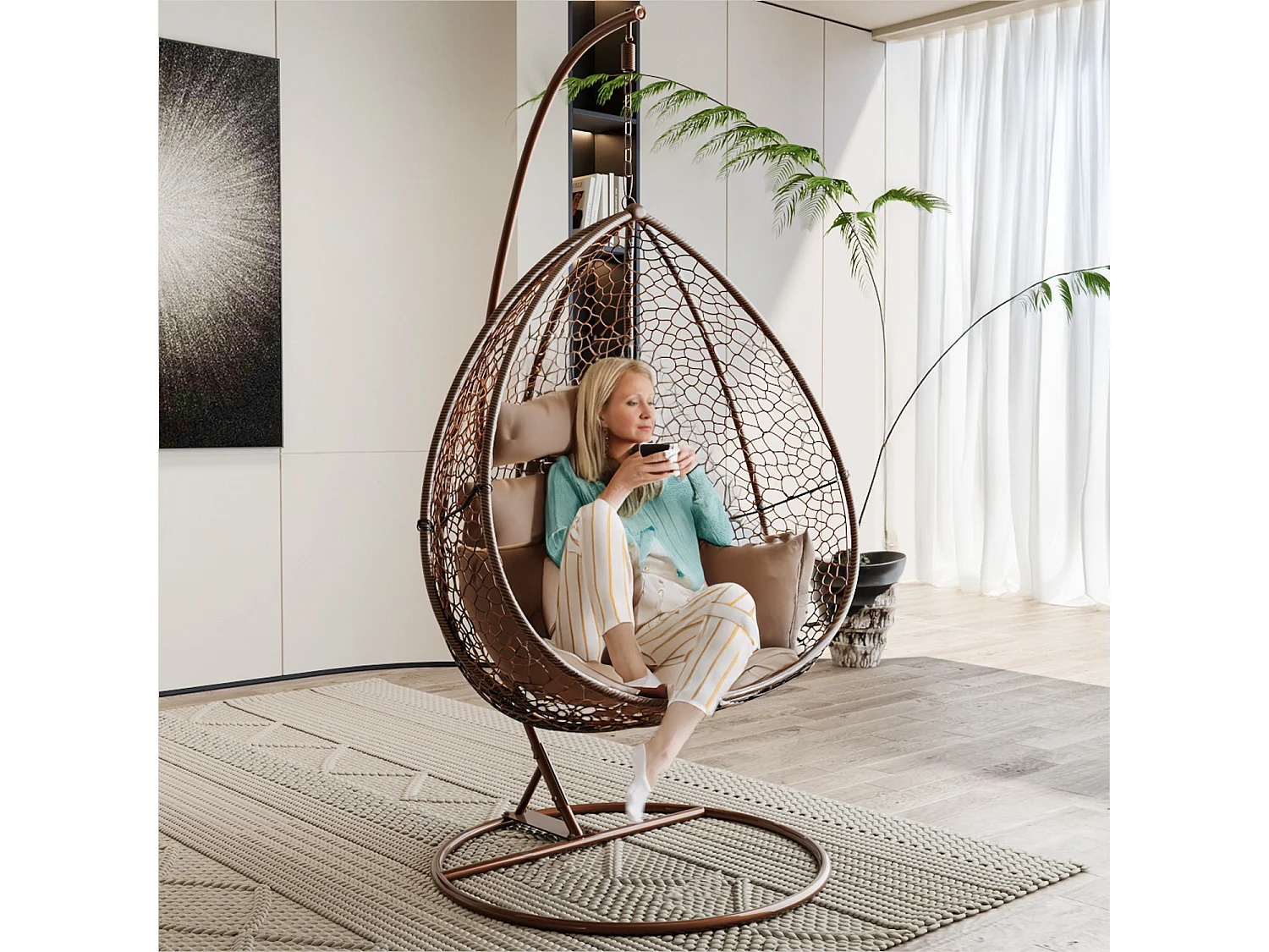 Sedia A Dondolo Poltrona Sospesa Pensile In Poly Rattan Ovetto Interno Esterno Giardino Autoportante Struttura In Acciaio Cuscini Sfoderabili Portata 130 Kg Marrone