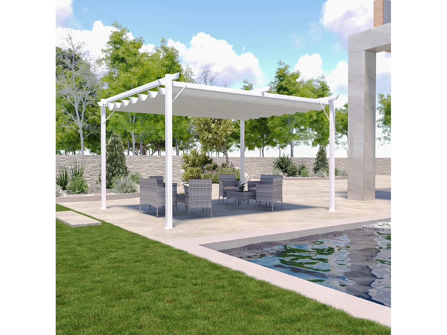Gazebo Pergola 3x3 M Pergolato Con Telo Bianco Impermeabile Retrattile Richiudibile Struttura In Acciaio Per Giardino Terrazzo Piscina Esterno Fiere