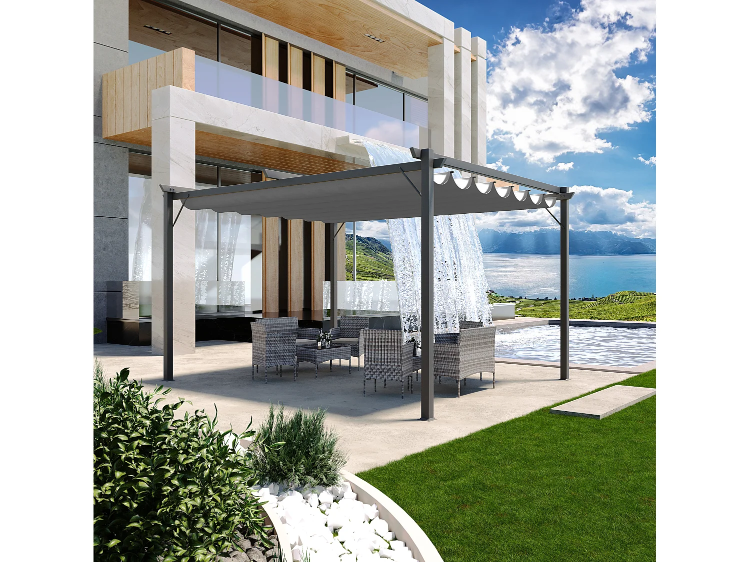 Gazebo Pergola 3x4 M Pergolato Con Telo Grigio Impermeabile Retrattile Richiudibile Struttura In Acciaio Per Giardino Terrazzo Piscina Esterno Fiere